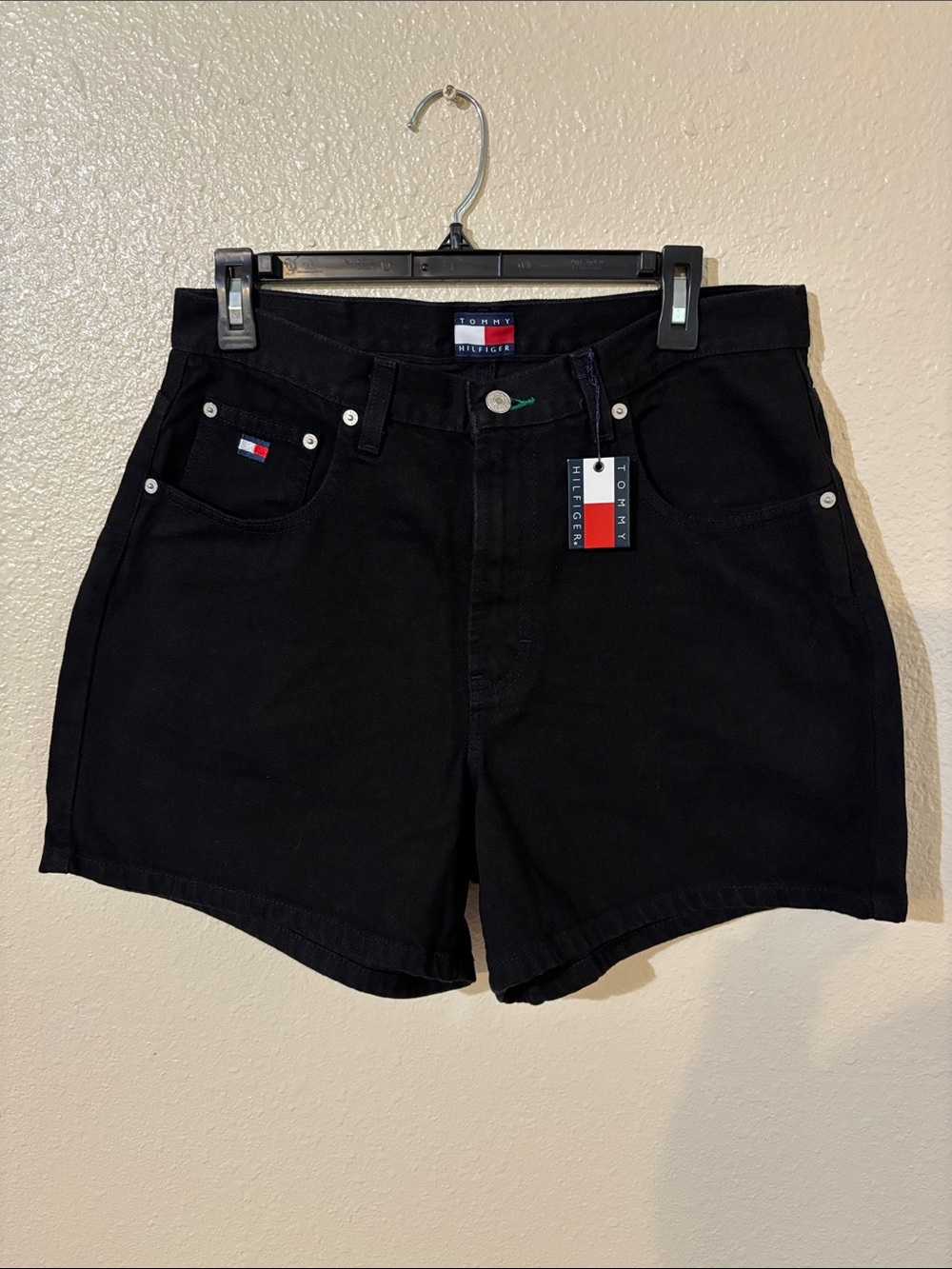 Tommy Hilfiger Black Women's Denim Shorts with Signature Flag Size 14
